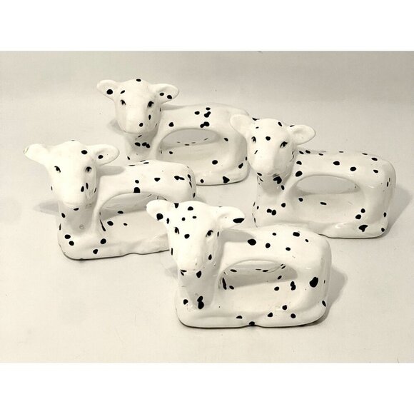 Cottage Farmhouse Spotted Cows Napkin Rings Set of 4 Ceramics Rustic White - Picture 2 of 11